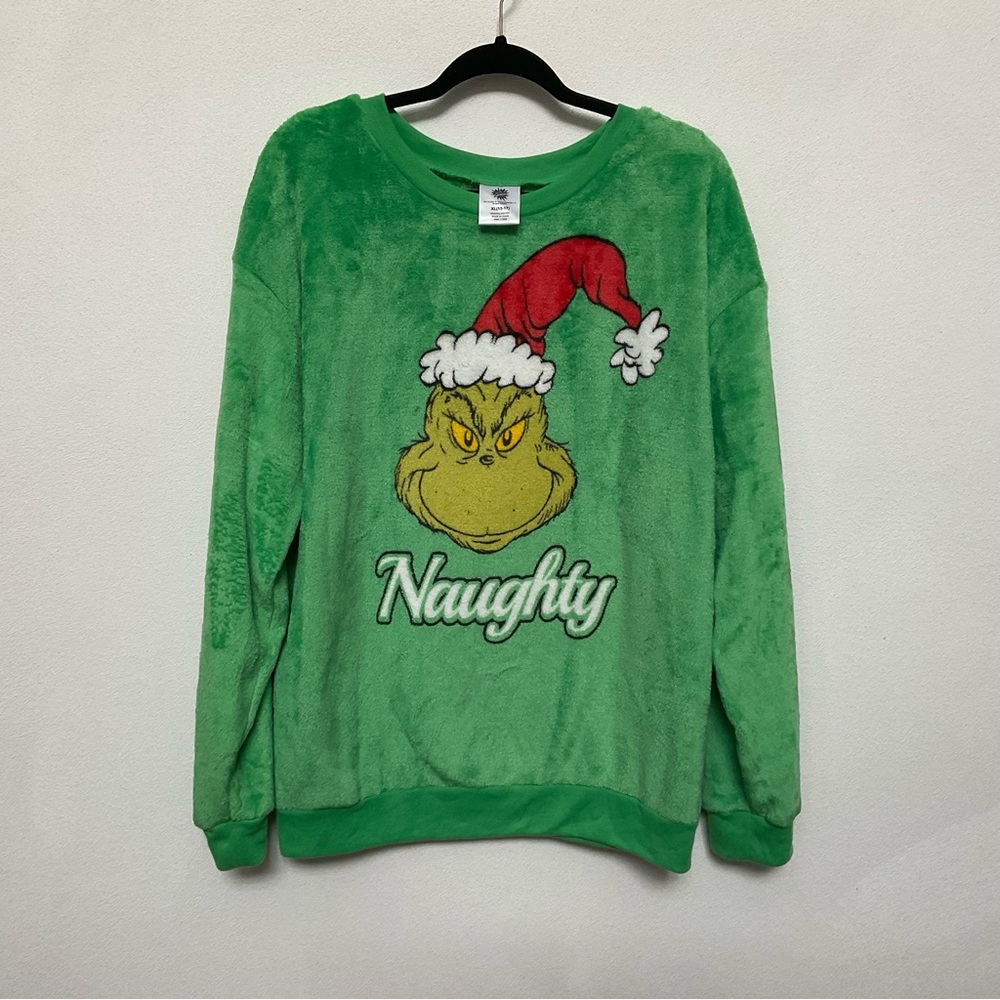 Dr Seuss Grinch Green Velour Naughty Holiday Sweatshirt Size XL 15-17